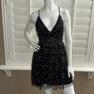 Lulus Favorite Moment Gold and Black Star Print Skater Dress